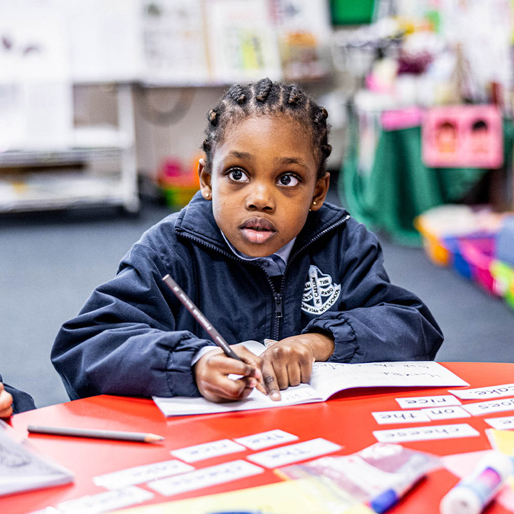 Student learning to read and write at her desk at St John Vianney's Primary School Doonside